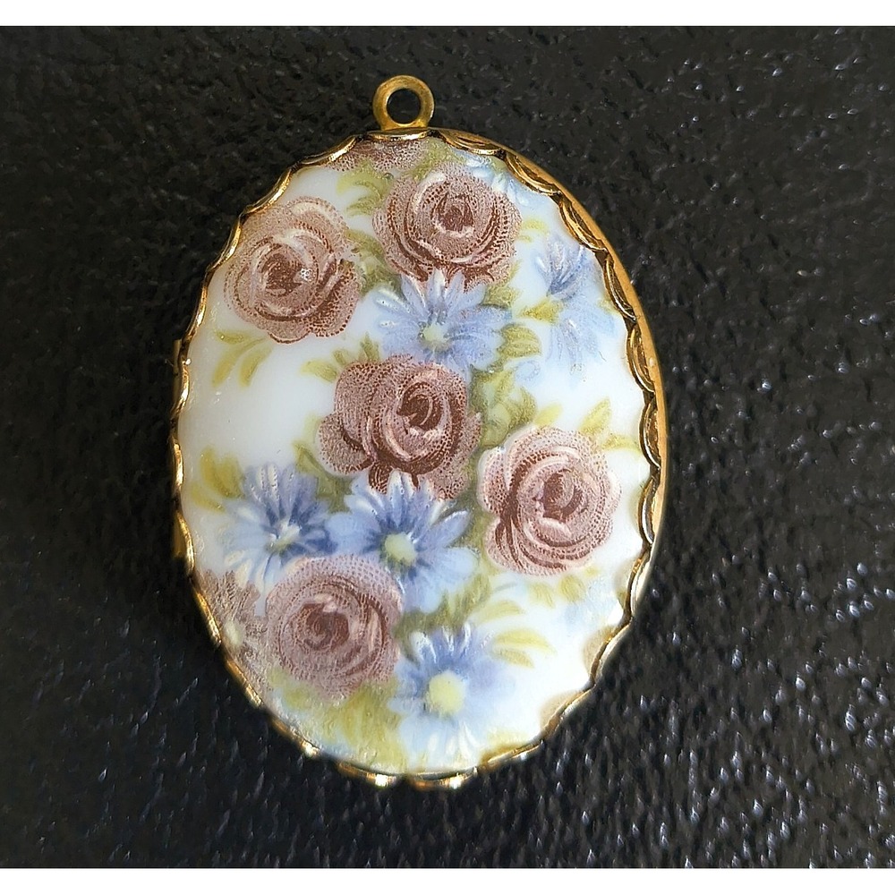 Vintage Locket Pendant Porcelain Hand Painted Double Sided Victorian Revival
